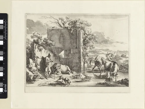 Oude herder leunend op zijn staf by Jan de Visscher, print, 1643-1692