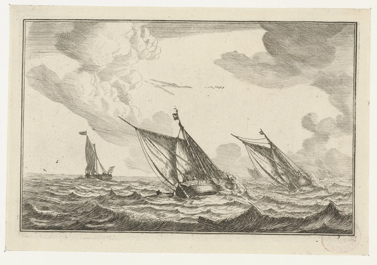 Drie zeilschepen op een ruwe zee by Reinier Nooms, print, 1654-1748