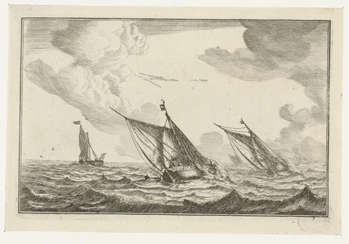 Drie zeilschepen op een ruwe zee by Reinier Nooms, print, 1654-1748