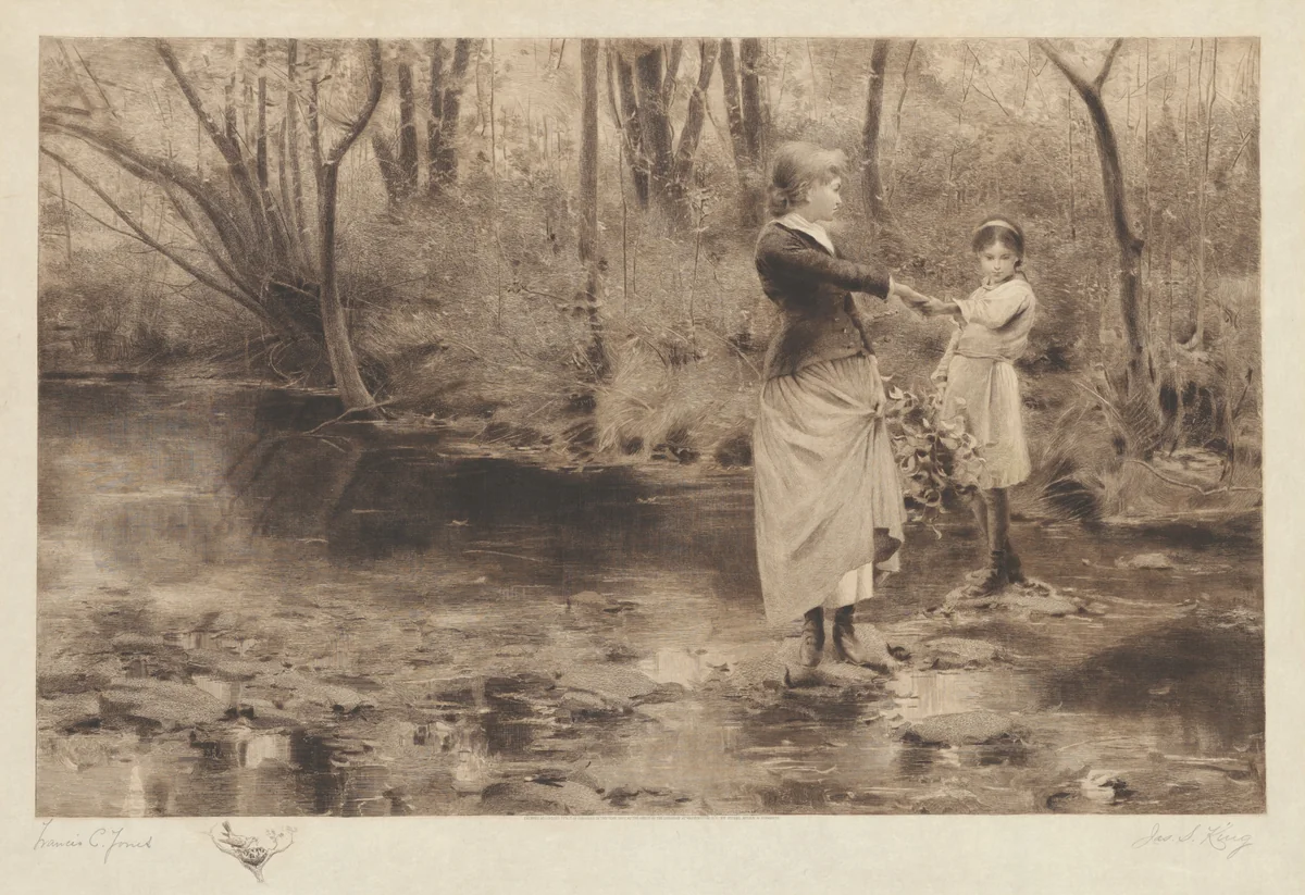 Untitled (Crossing A Brook In The Woods) by James S. King, print, 1885
