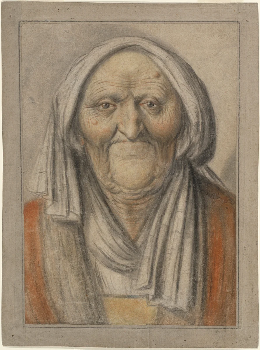 Bust of an Old Woman Wearing a Head Scarf by Lagneau, drawing, 1620-1630