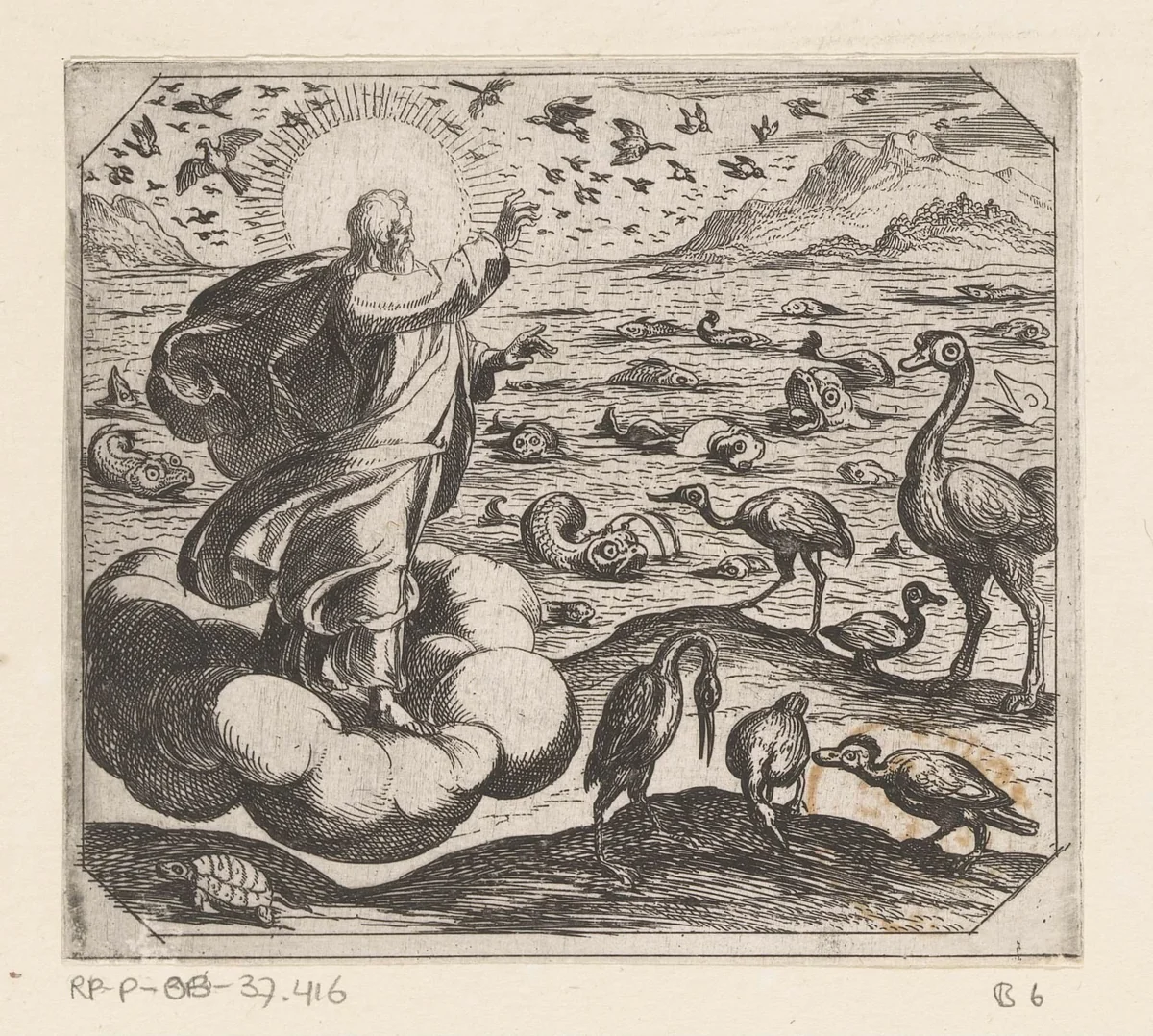 God schept de vogels en de vissen by Antonio Tempesta, print, 1565-1630