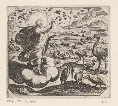 God schept de vogels en de vissen by Antonio Tempesta, print, 1565-1630