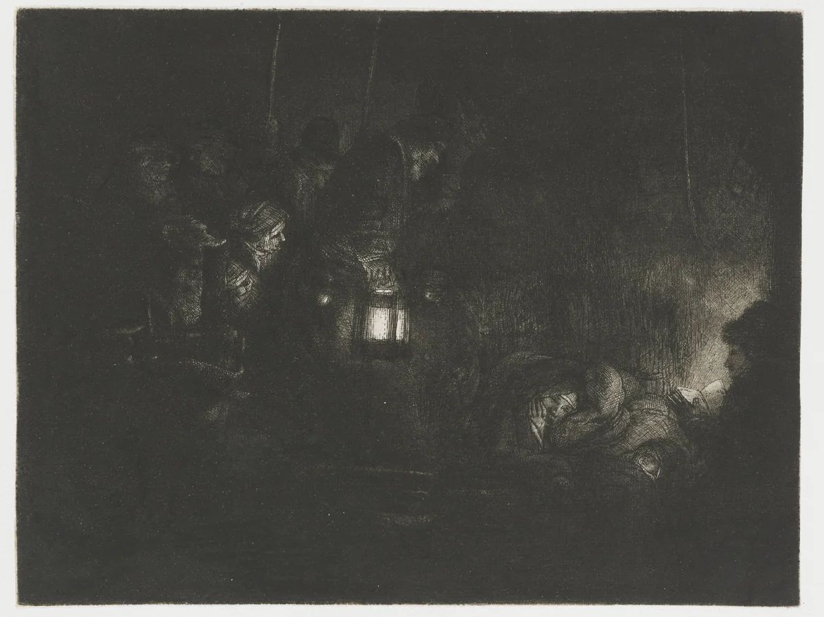 The Adoration of the Shepherds: Nocturne by Rembrandt van Rijn, print, 1657