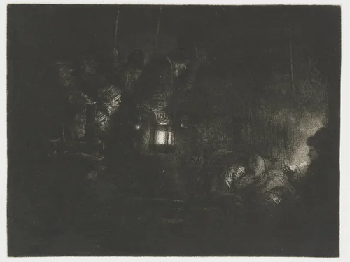 The Adoration of the Shepherds: Nocturne by Rembrandt van Rijn, print, 1657