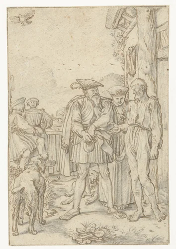 Schout van Dordrecht betaalt de boer schadevergoeding by Willem Pietersz Buytewech, drawing, 1618