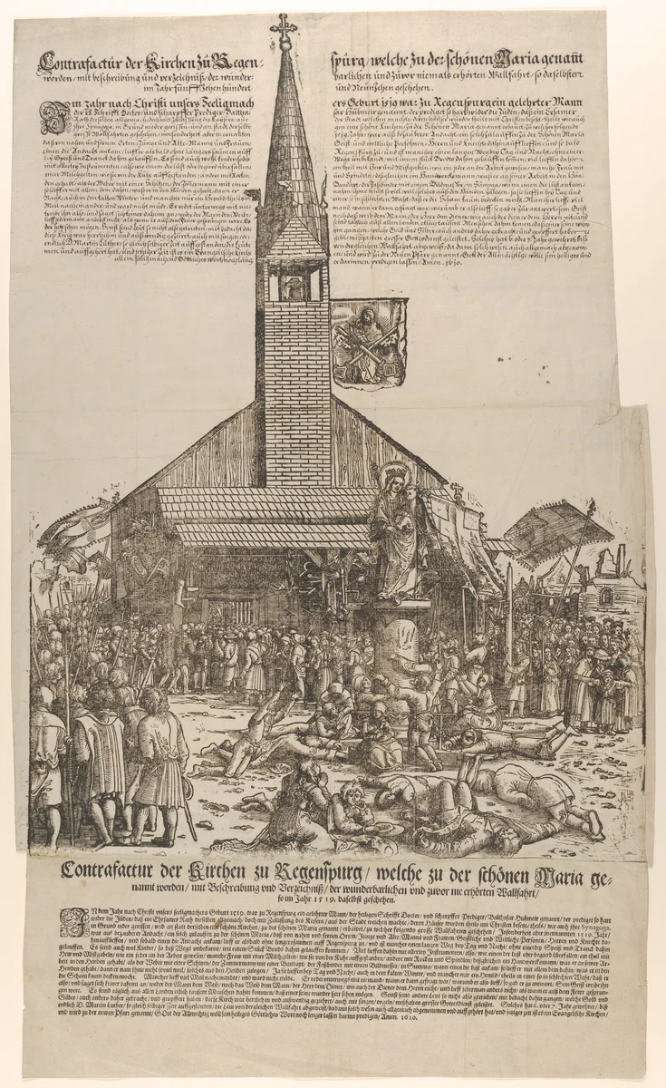 Pilgrims at the Church of the 'Beautiful Virgin' at Regensburg by Michael Ostendorfer, print, 1610