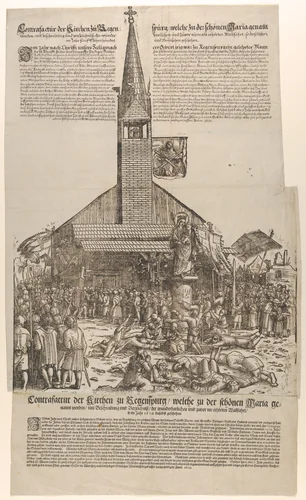 Pilgrims at the Church of the 'Beautiful Virgin' at Regensburg by Michael Ostendorfer, print, 1610