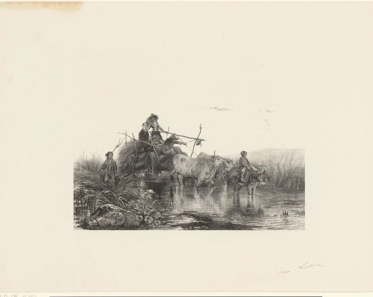 Hooiwagen rijdt door plas by Frederik Hendrik Weissenbruch, print, 1841-1887