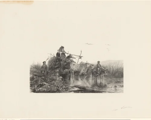 Hooiwagen rijdt door plas by Frederik Hendrik Weissenbruch, print, 1841-1887