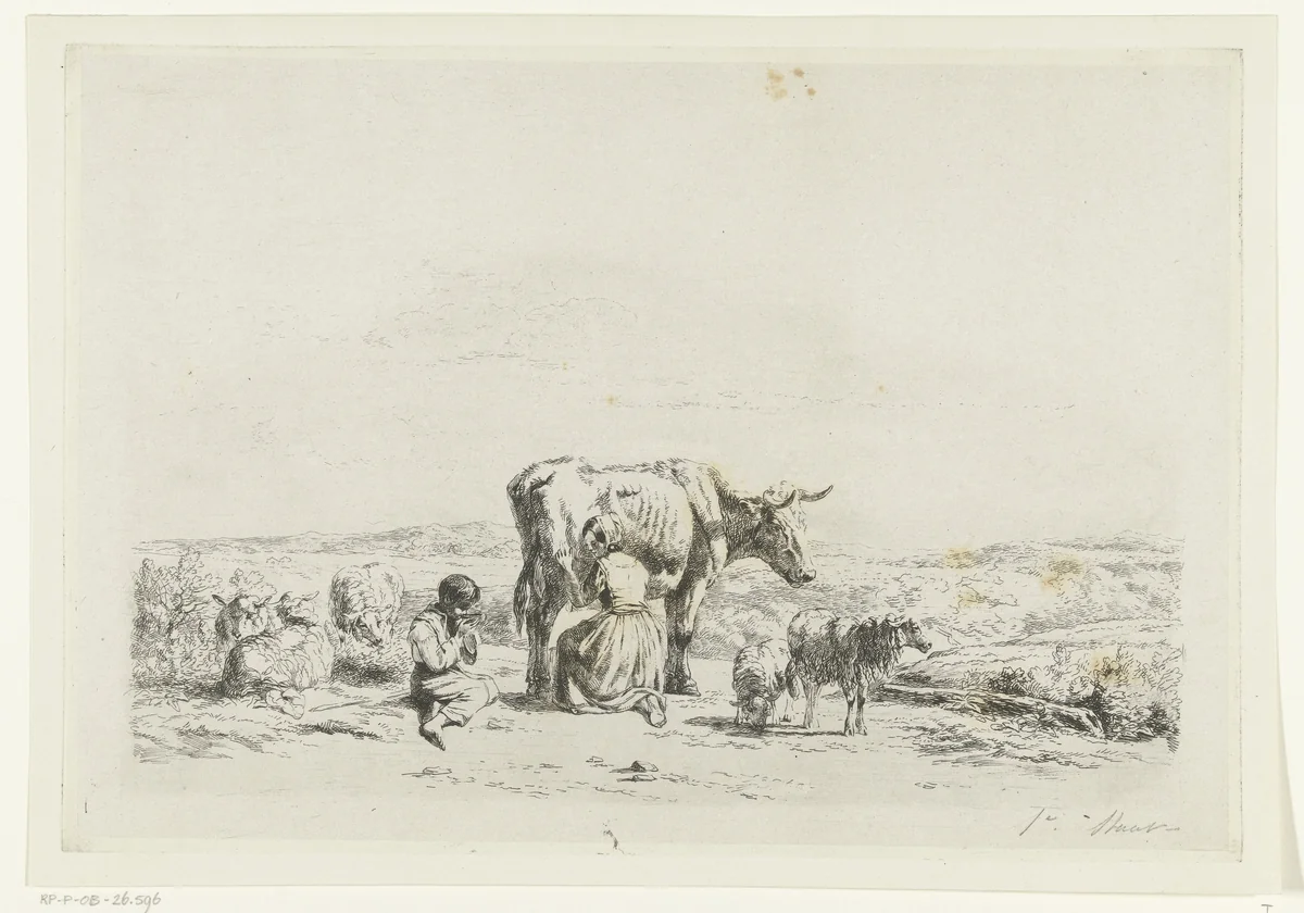 Landschap met vrouw die koe melkt en jongen met schapen by Simon van den Berg, print, 1822-1891