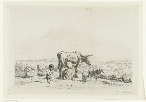 Landschap met vrouw die koe melkt en jongen met schapen by Simon van den Berg, print, 1822-1891