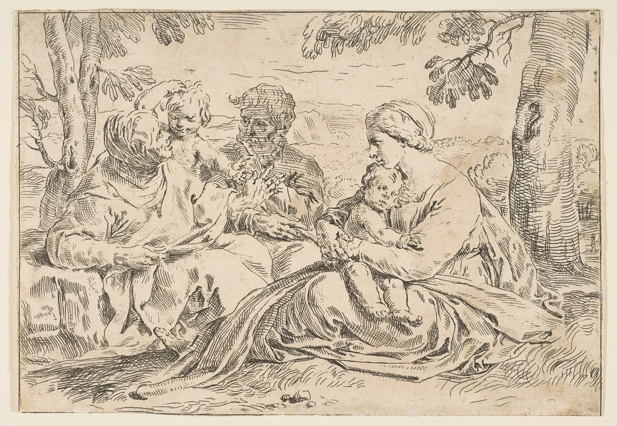 Holy Family with Saint Elizabeth and Saint John the Baptist, copy in reverse after Cantarini by Simone Cantarini, print, 1632-1642