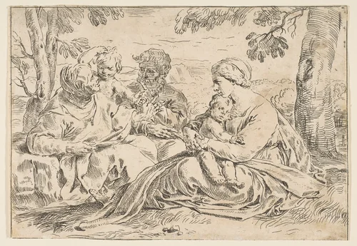 Holy Family with Saint Elizabeth and Saint John the Baptist, copy in reverse after Cantarini by Simone Cantarini, print, 1632-1642