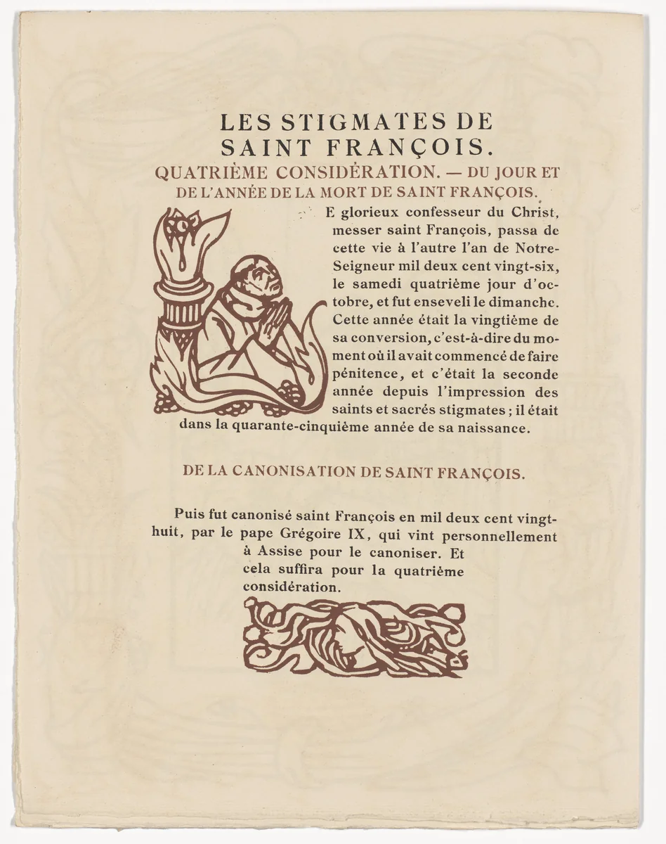 Pictorial initial and tailpiece (page 384) from Les Petites Fleurs de St. François (The Little Flowers of St. Francis) by Émile Bernard, illustrated book, 1928