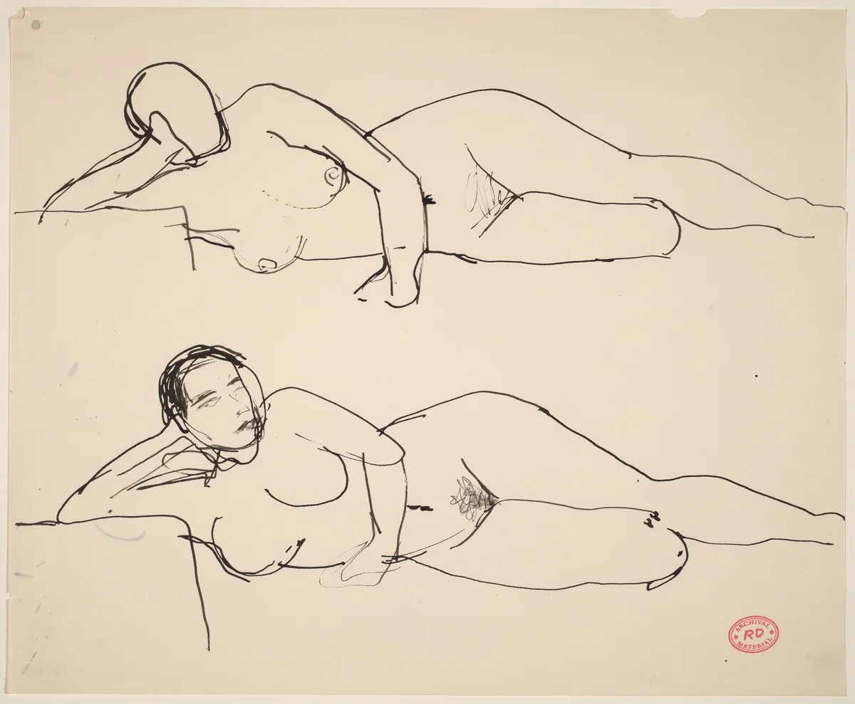 Untitled [two studies of a reclining female nude resting on right arm] by Richard Diebenkorn, drawing, 1955-1967