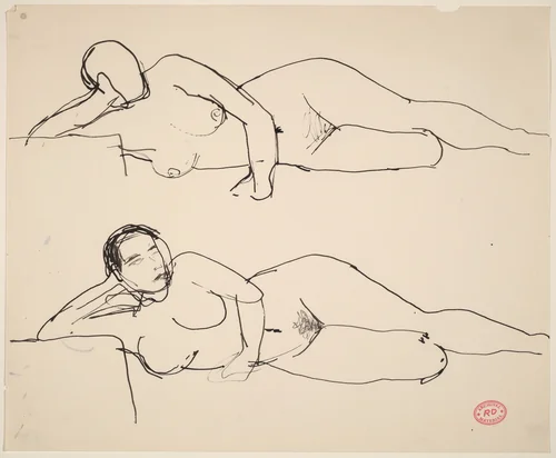Untitled [two studies of a reclining female nude resting on right arm] by Richard Diebenkorn, drawing, 1955-1967