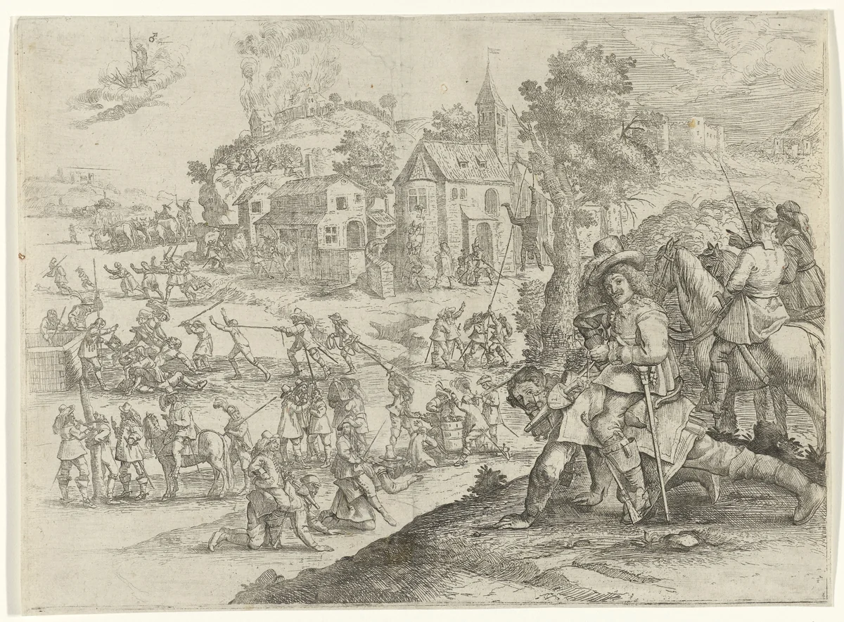 Soldaten overvallen en plunderen een dorp by Jan van Ossenbeeck, print, 1647-1674