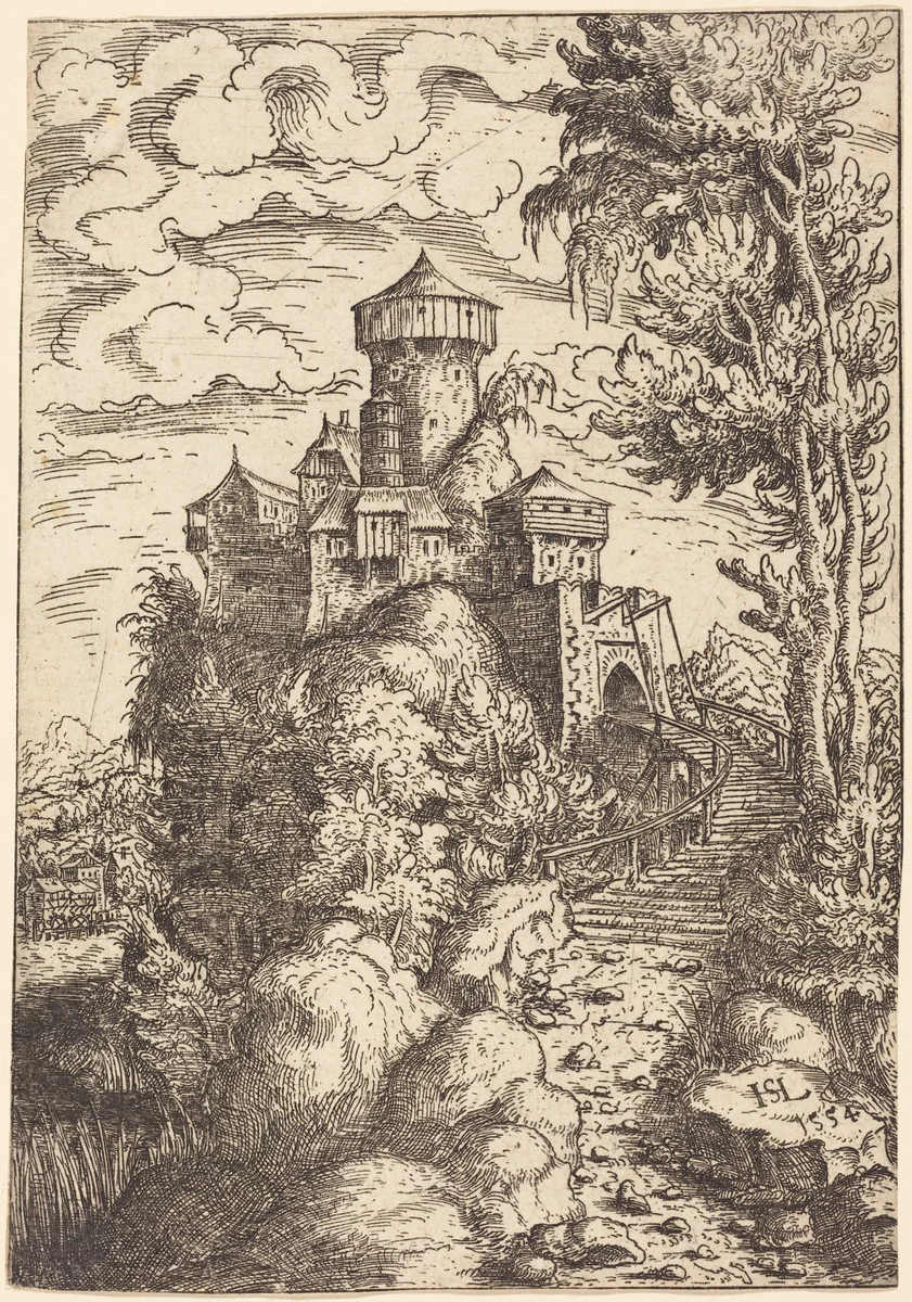 Landscape with a Fortress and Big Stairway by Hanns Lautensack, print, 1554