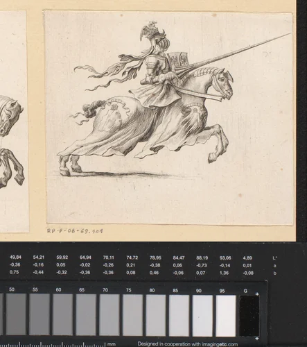 Ridder te paard in wapenuitrusting by anonymous, print, 1647-1714