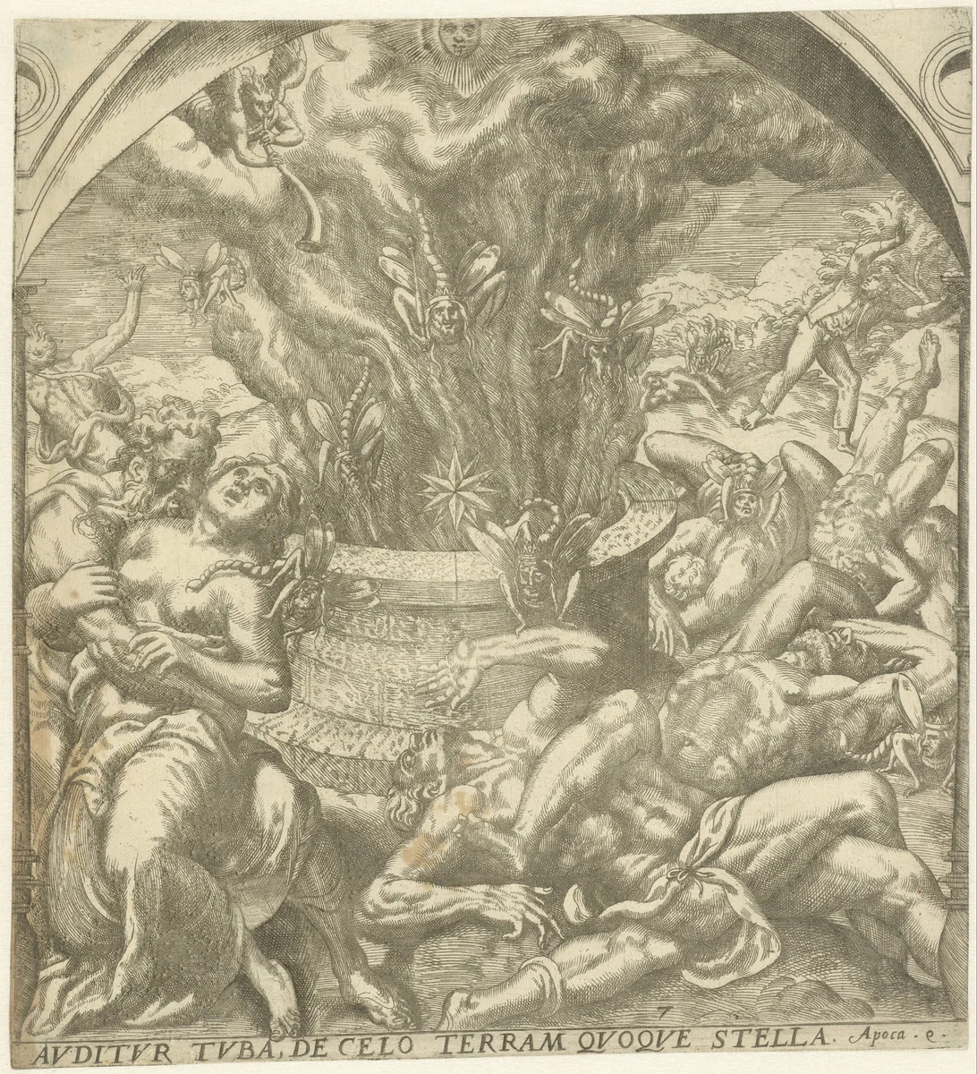 Sprinkhanenplaag na het vijfde bazuingeschal by Gerard van Groeningen, print, 1563-1574