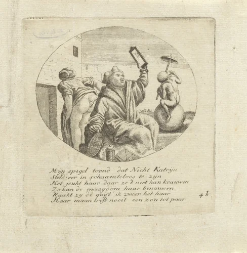 Dokter bespiedt met een spiegel het achterwerk van een vrouw by anonymous, print, 1644-1727