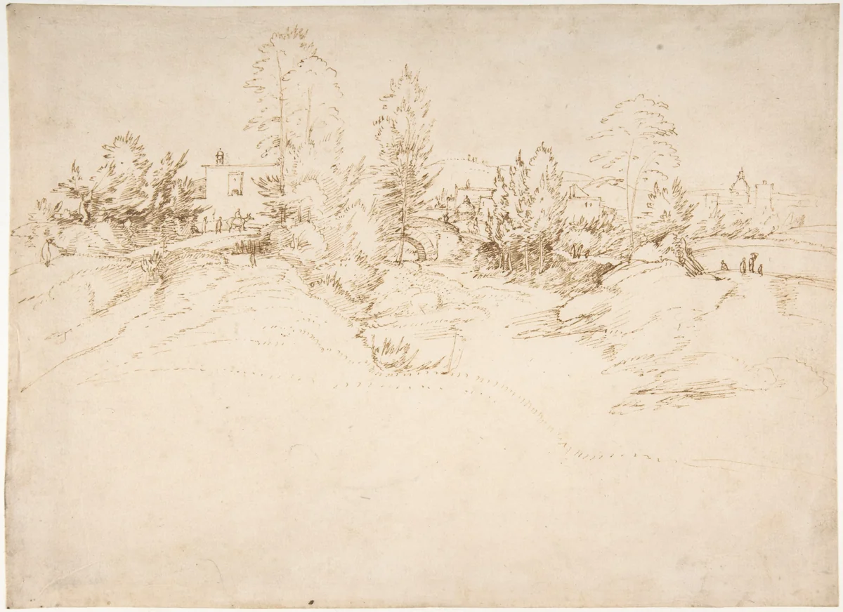 Landscape (Wooded Approach to a Town) by Fra Bartolomeo, drawing, 1503-1513