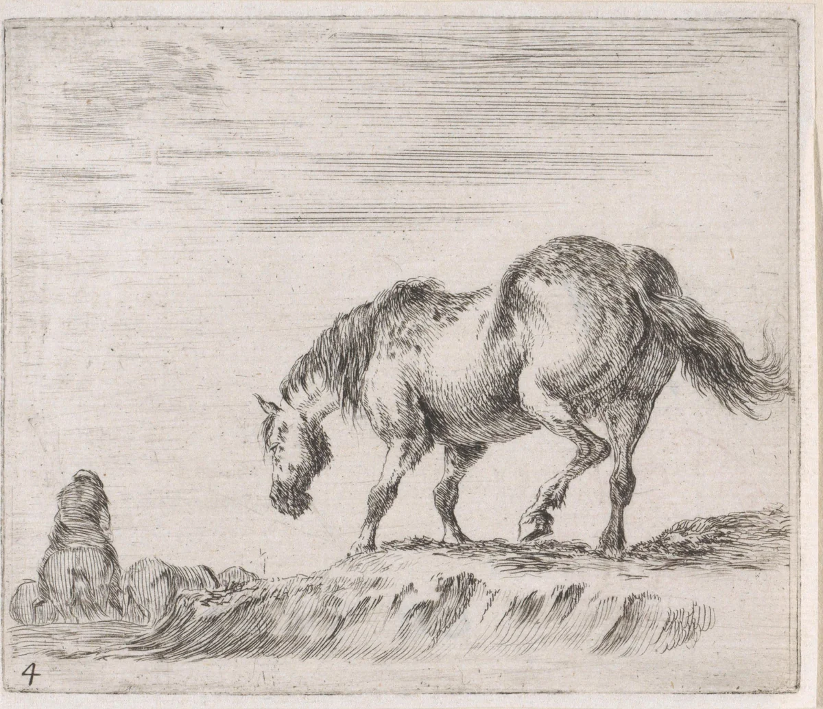 Paard op een heuvel by Stefano della Bella, print, 1632-1664