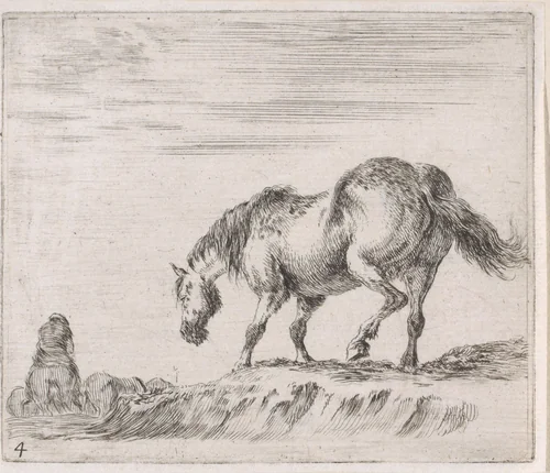 Paard op een heuvel by Stefano della Bella, print, 1632-1664