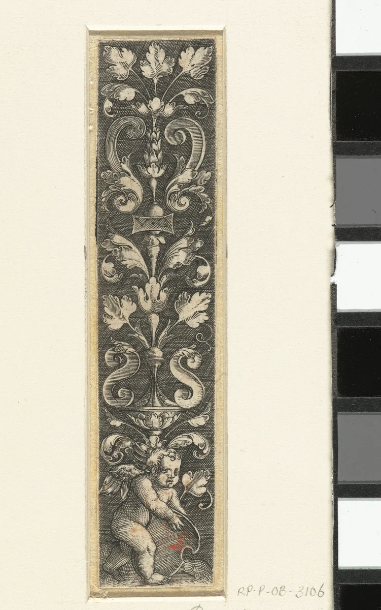 Ornament met putto en schild by Unknown, print, 1530-1540