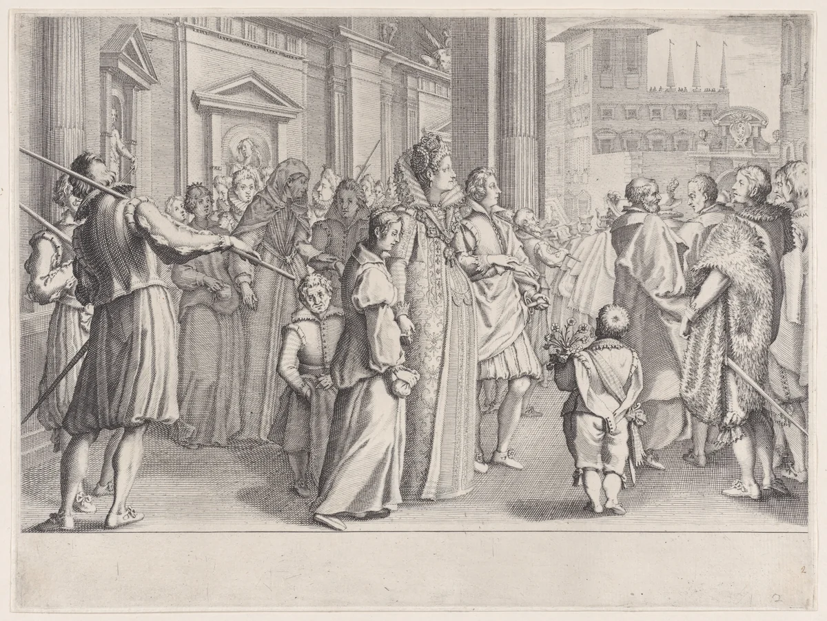 La Grande Duchesse Marie des Jeunes Filles (The Great Duchess Marie des Jeunes Filles), from "La Vie de Ferdinand Ier de Médicis série appelée aussi Les Batailles des Médicis" (The Life of Ferdinand I de'Medici also called The Medici Battles) by Jacques Callot, print, 1614-1620
