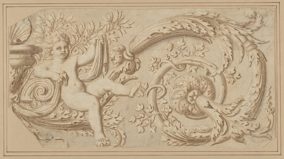 Design for a Frieze with Putto and Acanthus Scroll by anonymous, drawing, 1600-1699