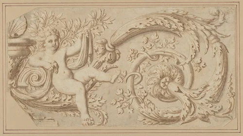 Design for a Frieze with Putto and Acanthus Scroll by anonymous, drawing, 1600-1699
