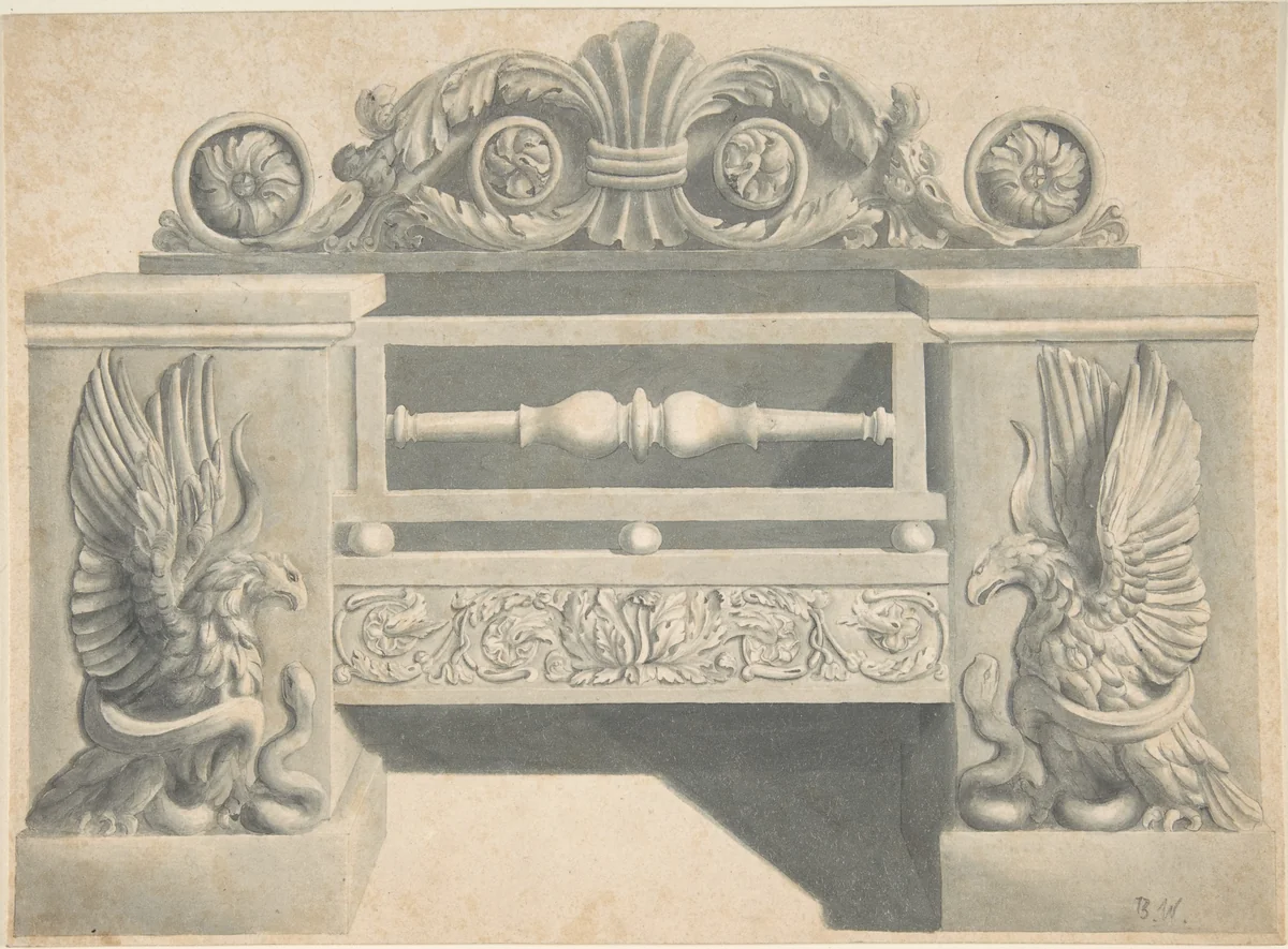 Design for Cast-iron Grate in Rococo Style with Putti Fire Dogs by Benjamin Dean Wyatt, drawing, 1809-1819