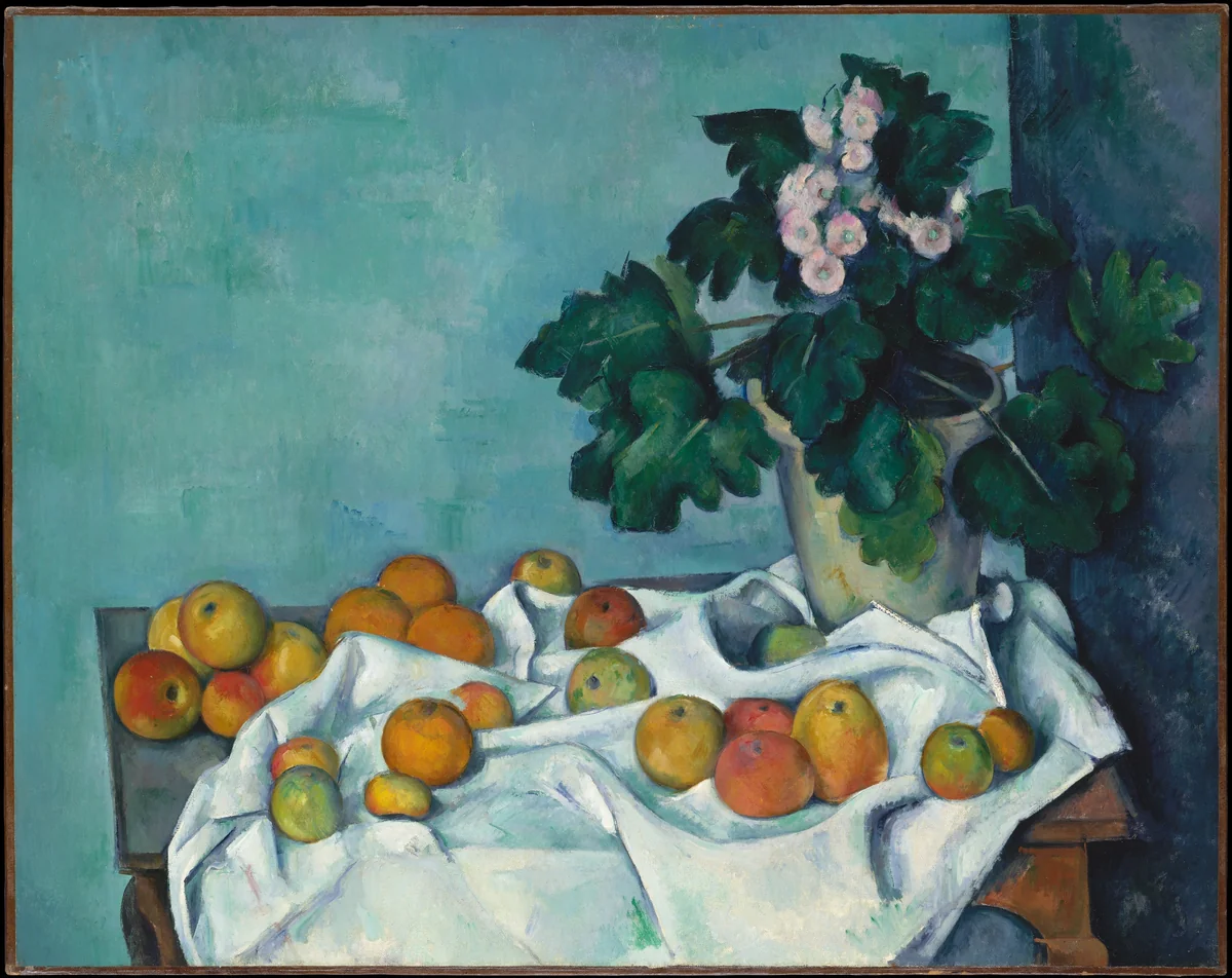 Still Life with Apples and a Pot of Primroses by Paul Cézanne, painting, 1885-1895