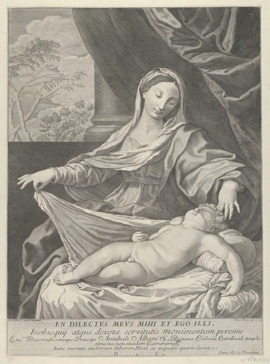 The Virgin holding a cloth above the sleeping infant Christ, after Reni by Pietro Masini, print, 1700-1800