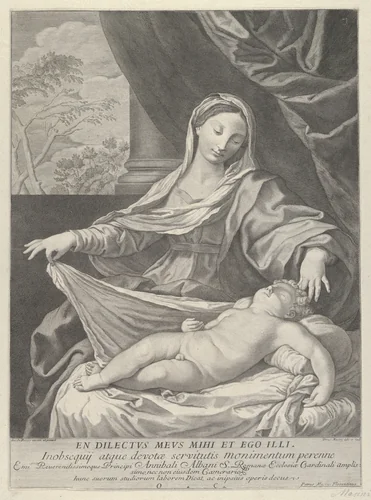 The Virgin holding a cloth above the sleeping infant Christ, after Reni by Pietro Masini, print, 1700-1800