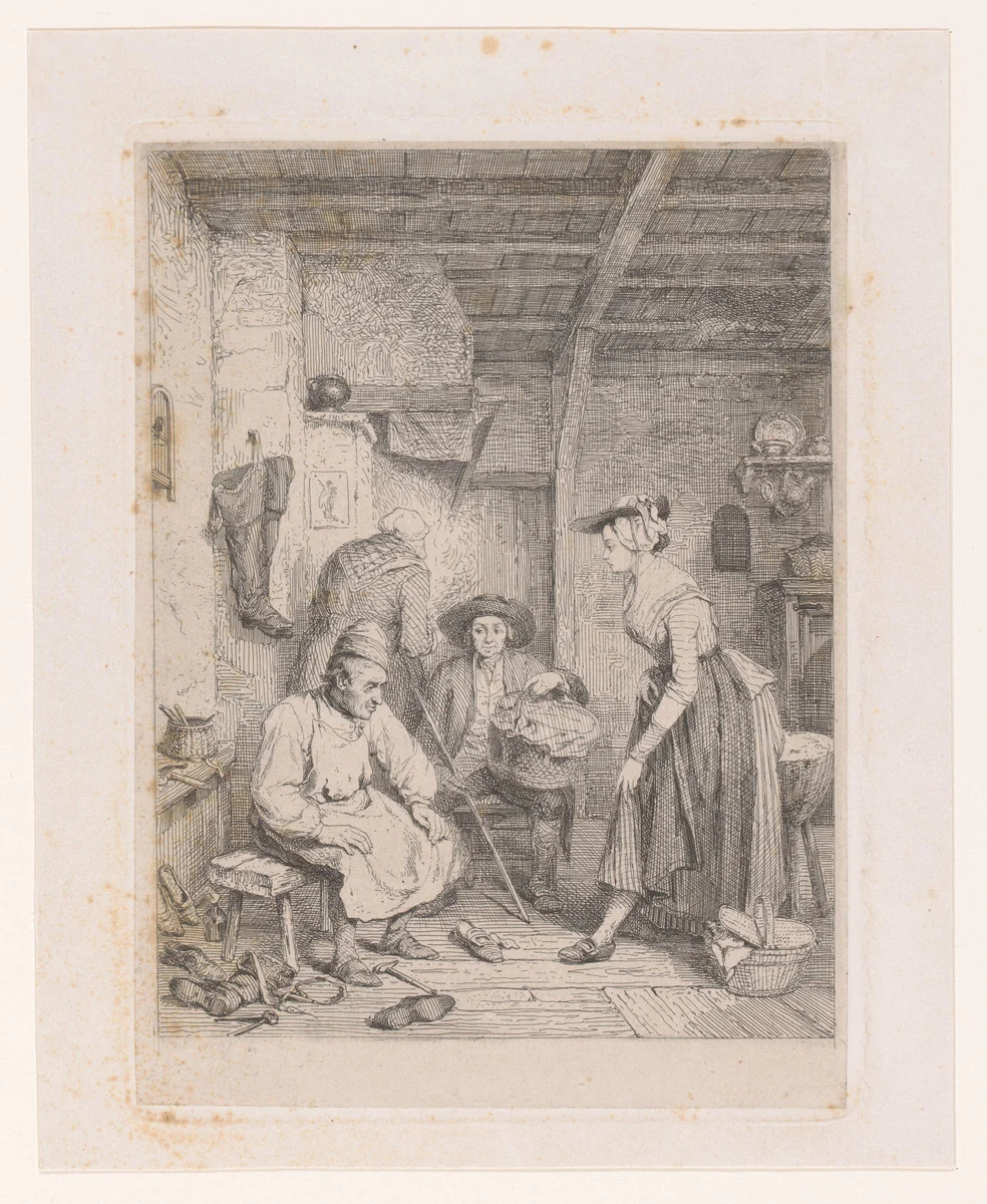 Jonge vrouw bij de schoenmaker by Charles Billoin, print, 1823-1869