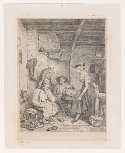 Jonge vrouw bij de schoenmaker by Charles Billoin, print, 1823-1869