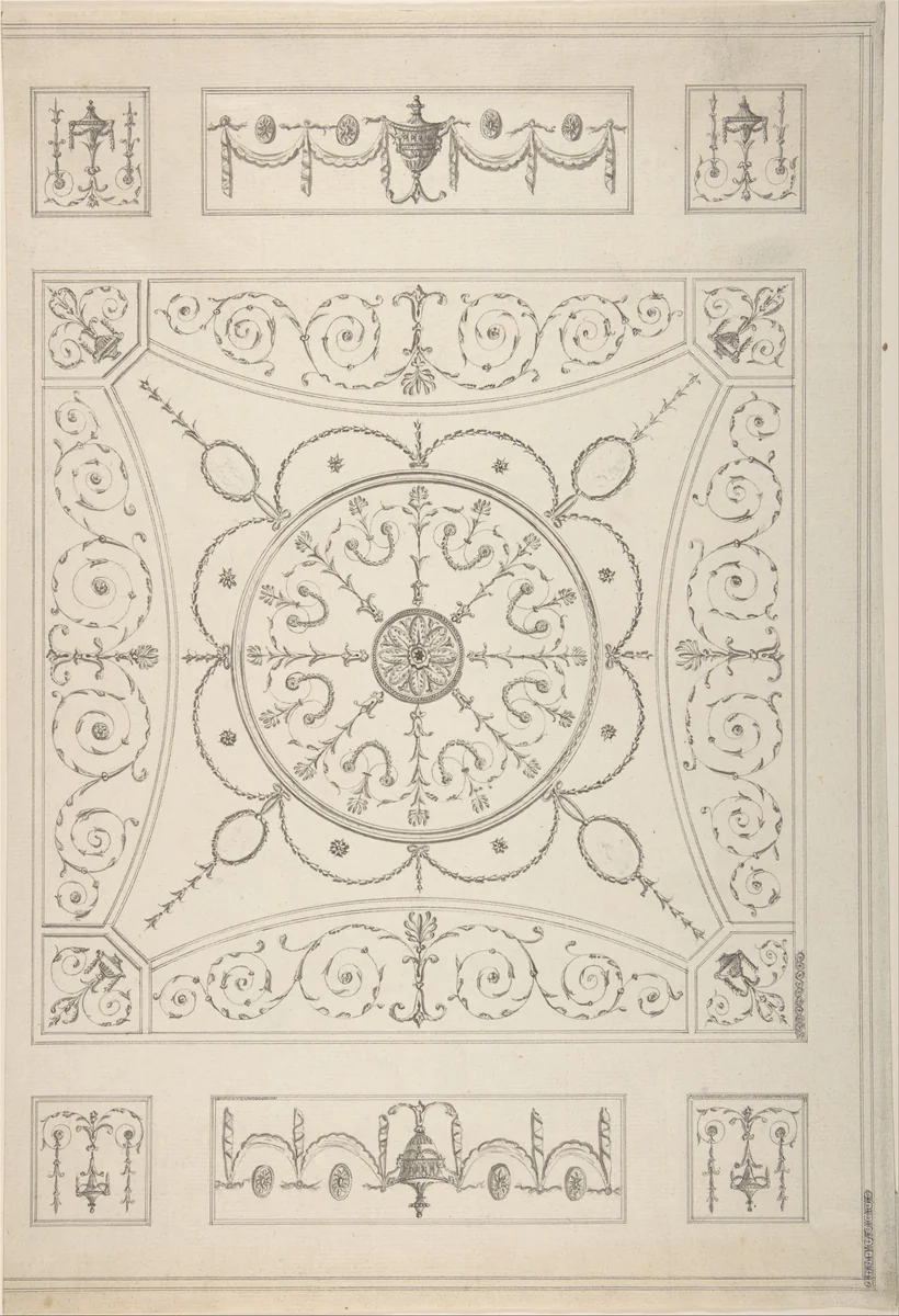 Design for an Oblong Ceiling with an Oval Centre by James Wyatt, drawing, 1766-1813