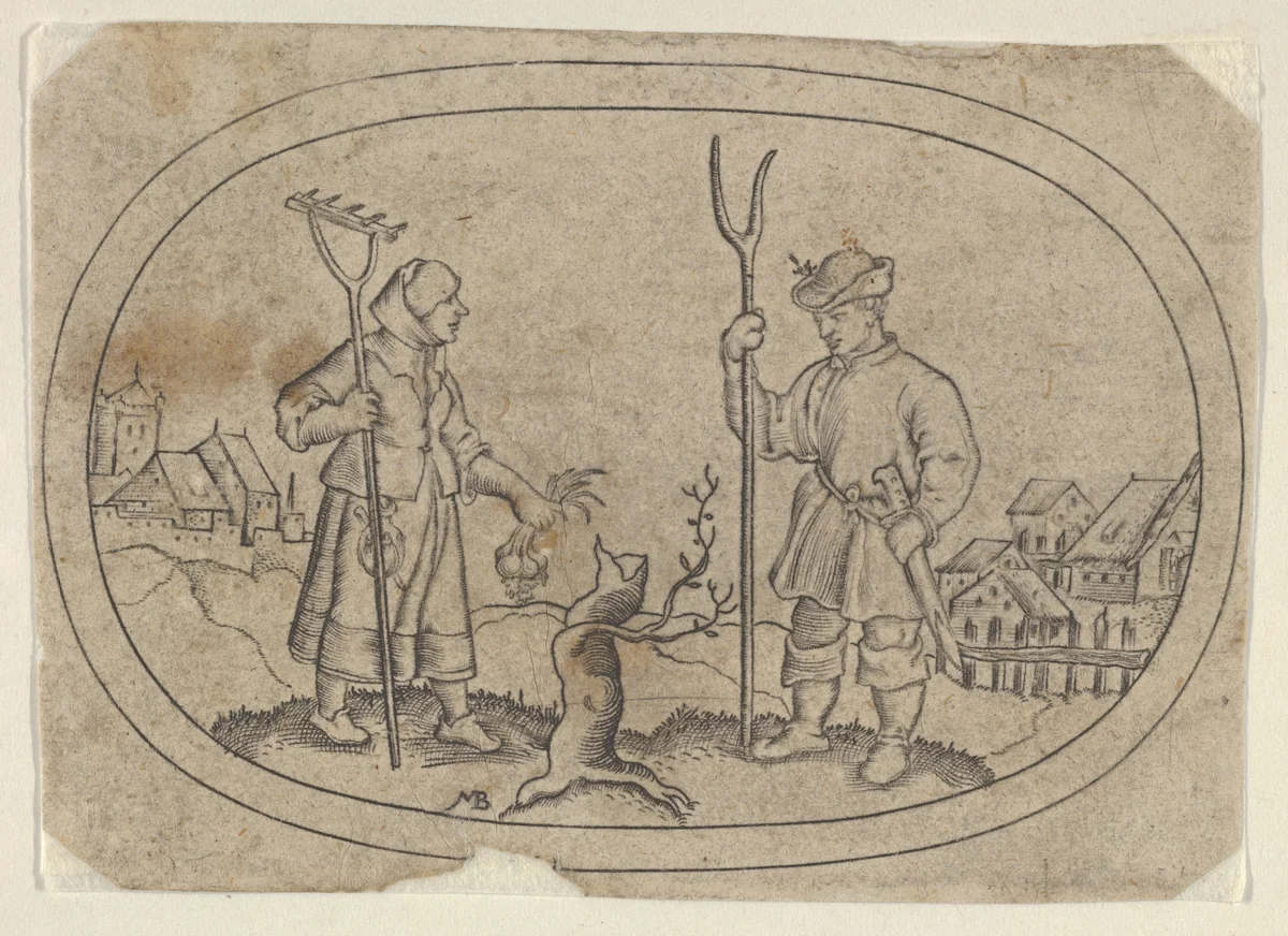 A Farmer and a Villager, from Das Bossenbüchlein by Mathais Beitler, print, 1577-1587