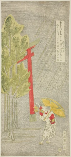 Night Rain at a Shrine by Kitao Shigemasa (北尾重政), print, 1760-1764