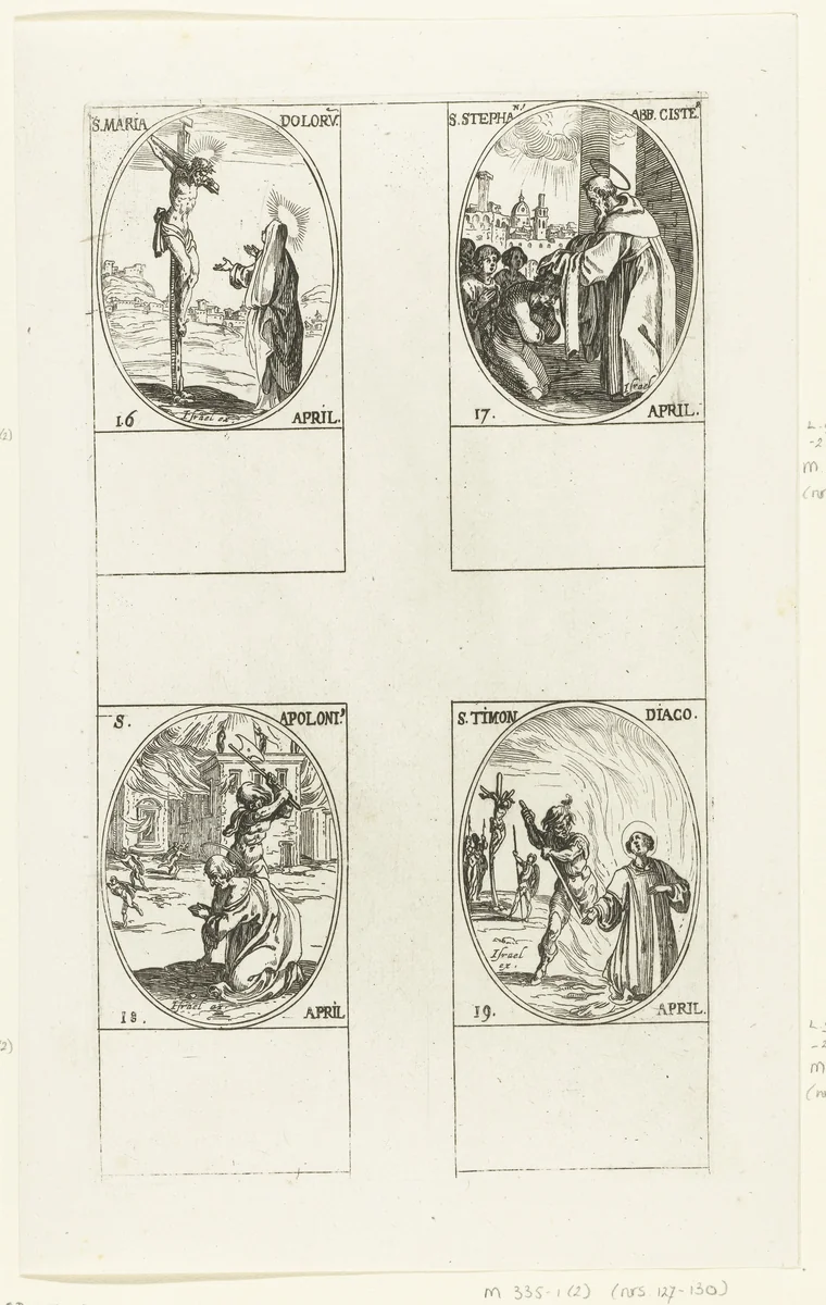 Maria bij het kruis, Heilige Stephanus Harding, Heilige Apollonius de Apologeet, Heilige Timon van Korinte (16-19 april) by Jacques Callot, print, 1632-1636