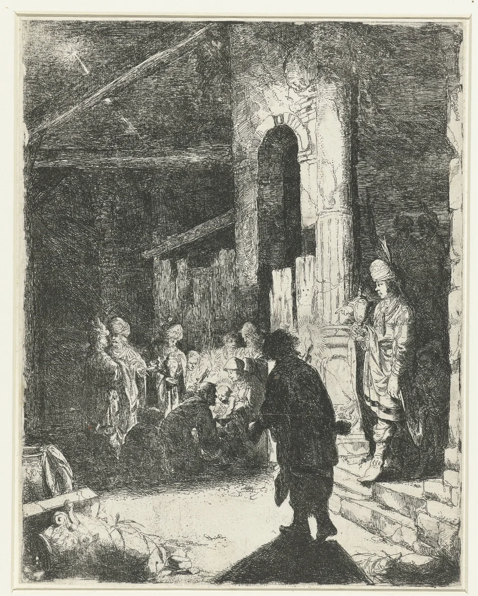 Aanbidding der koningen by anonymous, print, 1630-1700