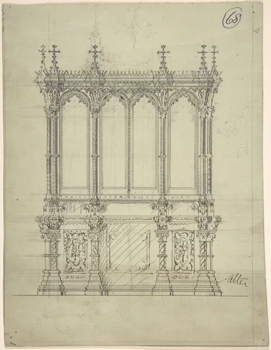 Design for a Gothic Cabinet by Charles Hindley and Sons, drawing, 1841-1884