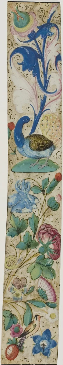 Illuminated Border with Peacock, Bird, Snail, Fruit and Flowers by European, painting, 1300-1500