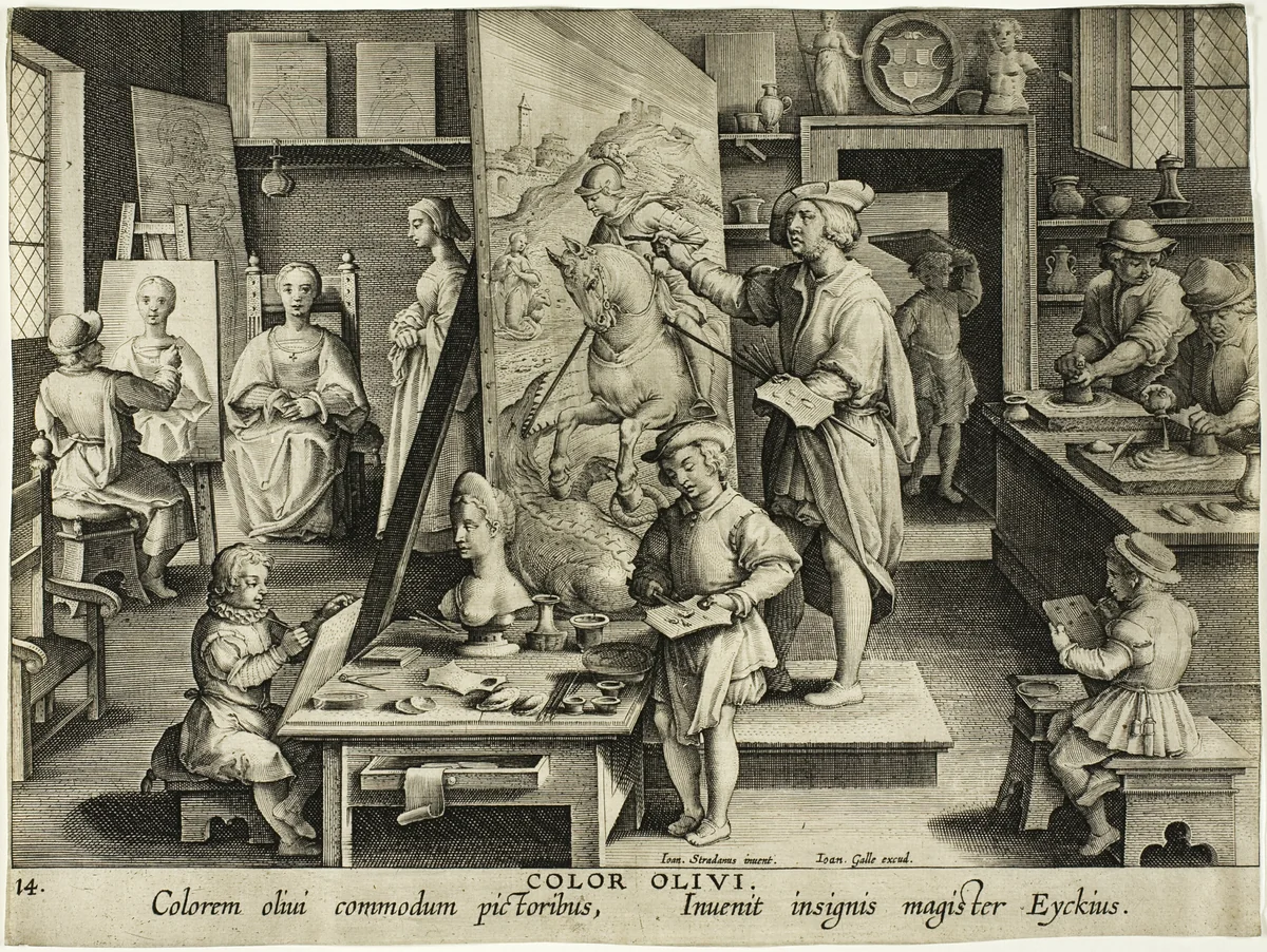 The Invention of Oil Painting, from Nova Reperta by Theodoor Galle, print, 1586-1596