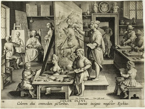 The Invention of Oil Painting, from Nova Reperta by Theodoor Galle, print, 1586-1596