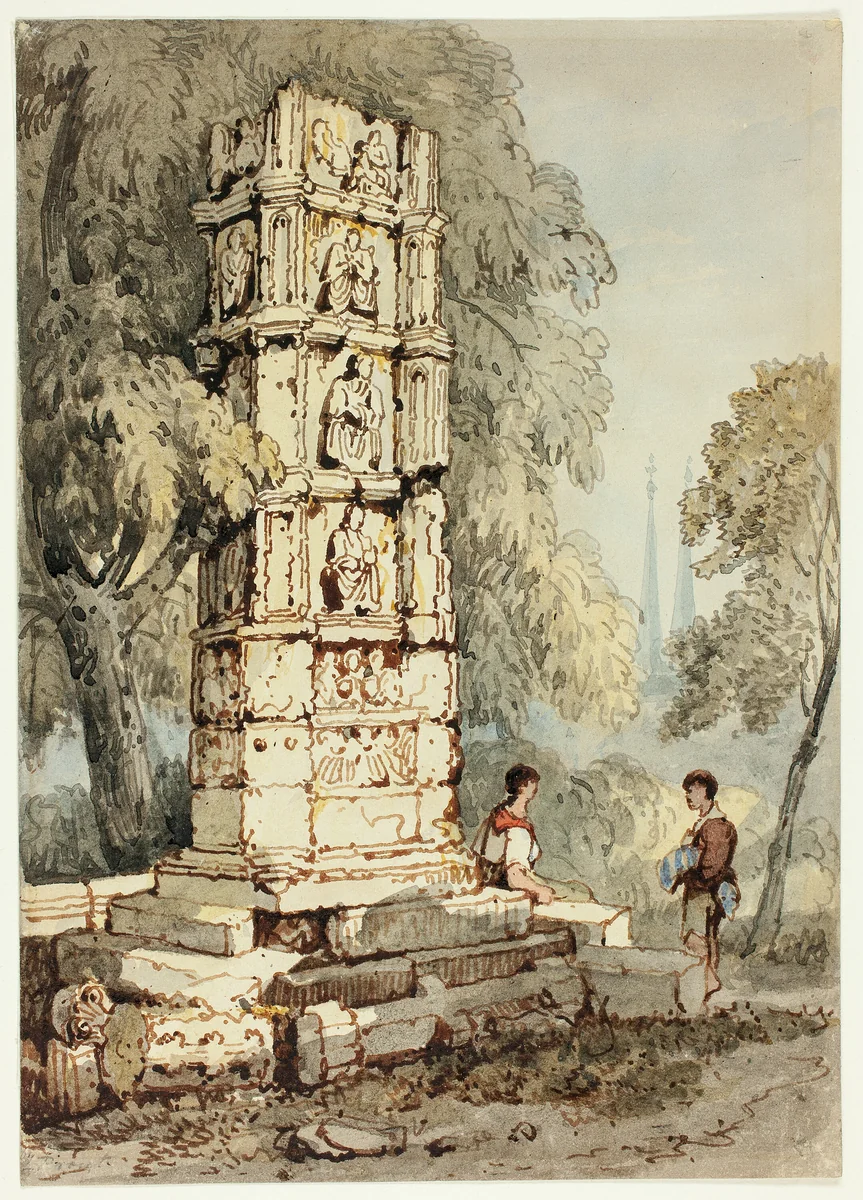 Two Figures Beside Medieval Ruins, with Church in Distance by Samuel Prout, painting, 1803-1852