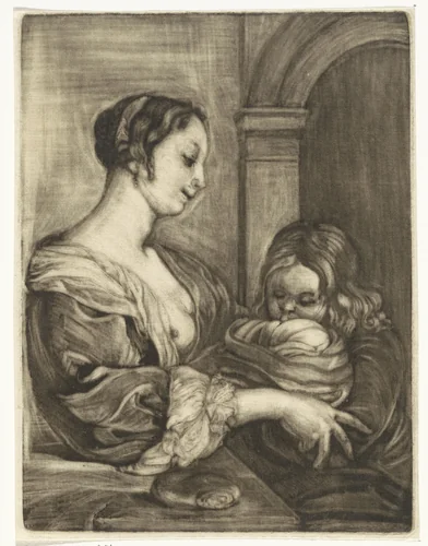 Vrouw met twee kinderen by Jacob Hoolaart, print, 1723-1789